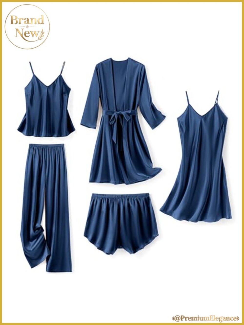 5 Piece Silk Satin Pajama Set Robe Nightgown Cami Pjs Women